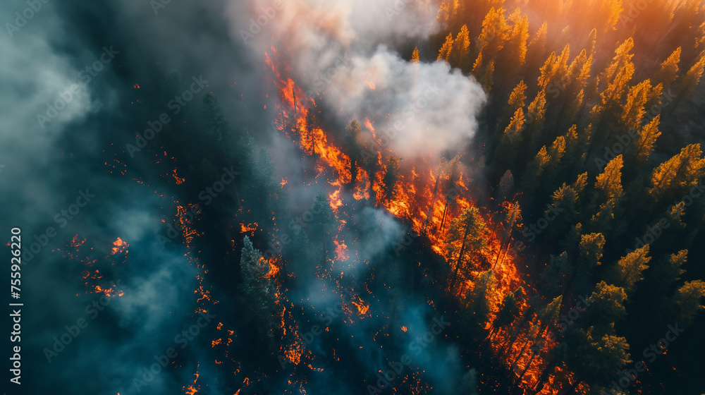 Drone shot of a raging forest fire consuming trees, with smoke billowing from the intense flames