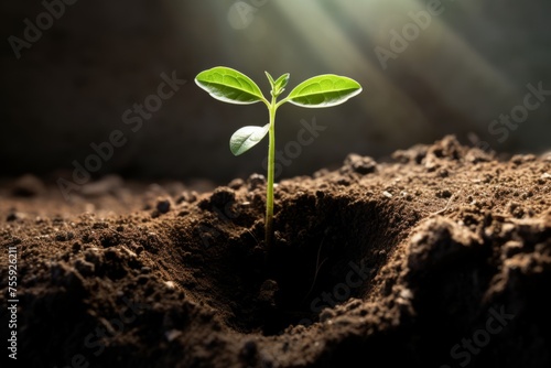 A close up of a seedling breaking through the surface of the soil