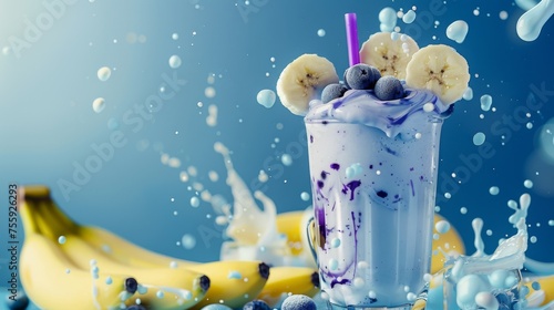 A delicious milkshake featuring ripe bananas and fresh blueberries blended together