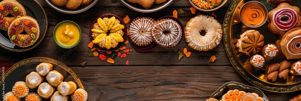 Panoramic view of Diwali sweets on wooden table - A panoramic shot of various mouthwatering Indian sweets spread on a wooden table for the festive occasion of Diwali Panoramic view of Diwali sweets on wooden table - A panoramic shot of various mouthwatering Indian sweets spread on a wooden table for the festive occasion of Diwali
