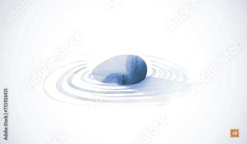 Photography Blue ink painting of japanese zen stone garden, with smooth stone in sand