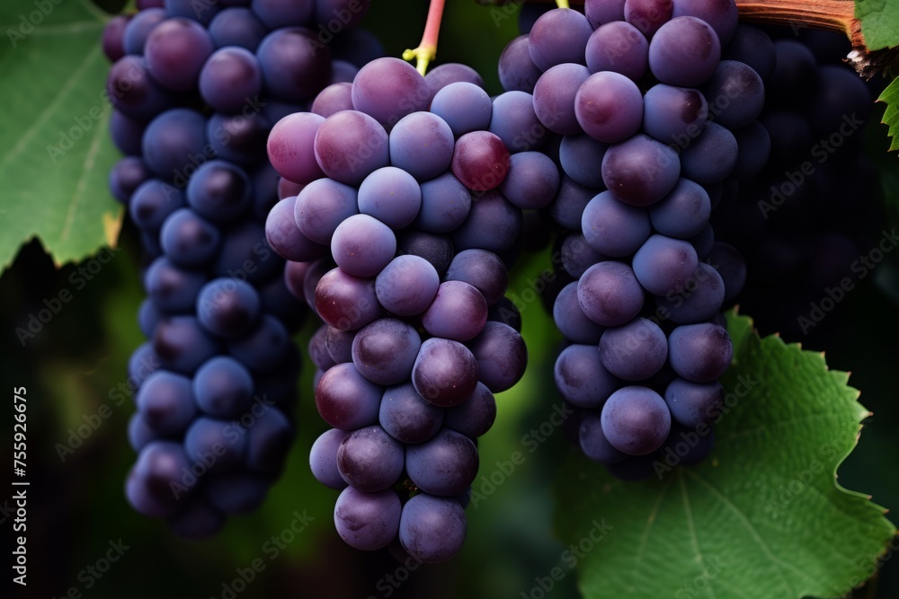 A cluster of purple grapes on a vine