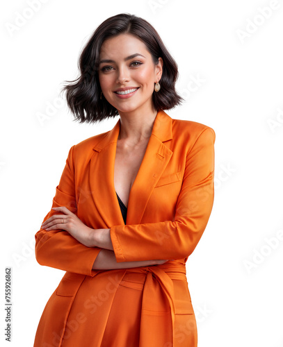 A woman with brown hair and a brown blazer is smiling with her arms crossed