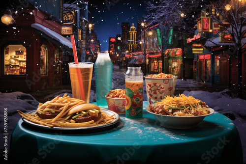 Festive meal of burgers, fries, and drinks amidst snowfall and illuminated shops. photo