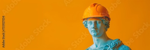 Statue bust with orange safety helmet on orange background. International Labor Day, Workers Day, May Day concept. Design for banner, poster with copy space. Ancient greek sculpture