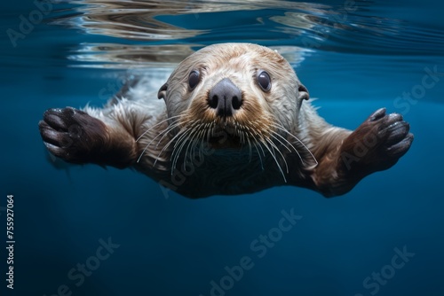 A curious sea otter floating on its back
