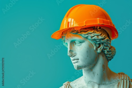 Statue bust with orange safety helmet on blue background. International Labor Day, Workers Day, May Day concept. Design for banner, poster with copy space. Ancient greek sculpture photo