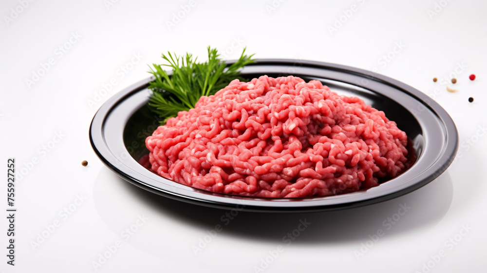 Plate with fresh raw ground beef isolated on white Plate with fresh raw ground beef isolated on white