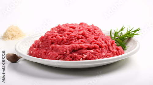 Plate with fresh raw ground beef isolated on white