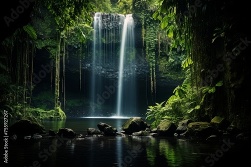 A dramatic reflection of a majestic waterfall framed by lush greenery