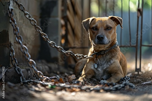 Abused dog locked in chains. Lonely sad homeless puppy dog. Generate ai