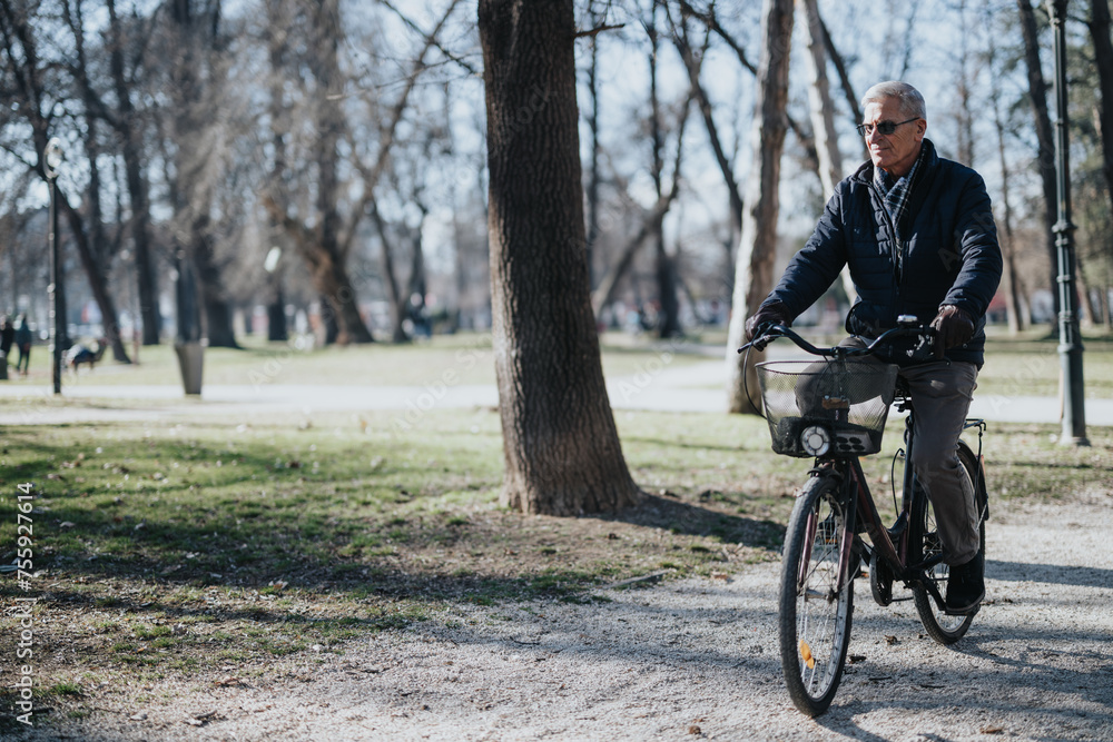 Senior man enjoying a peaceful bike ride in the park on a sunny day.
