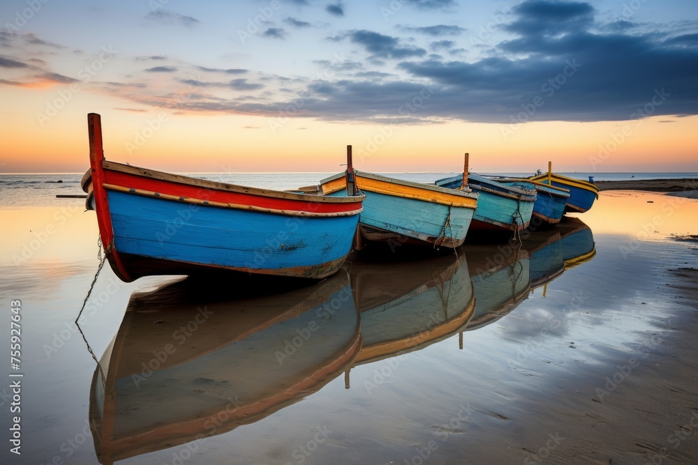 A peaceful reflection of a row of boats resting on a quiet beach A peaceful reflection of a row of boats resting on a quiet beach