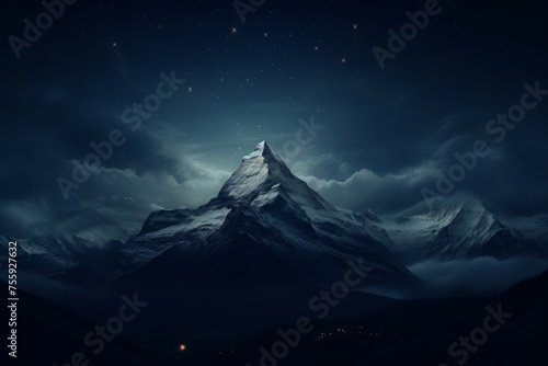 A mountain peak silhouetted against a dark night sky © KerXing
