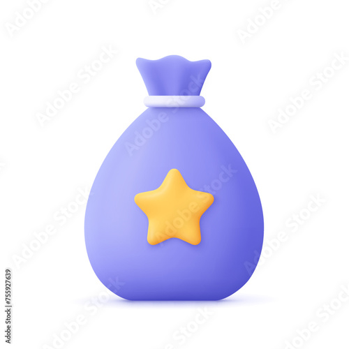 Money bag with star. Cash, interest rate, business and finance, return on investment, financial solution, prepayment and down payment concept. 3d vector icon. Cartoon minimal style.