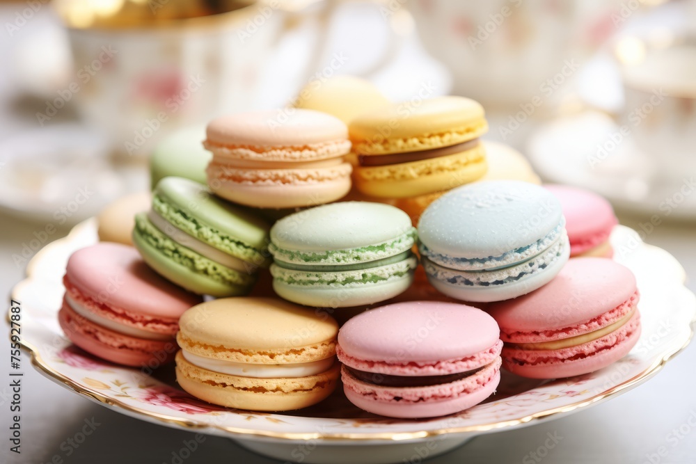 A plate of colorful French macarons with delicate flavors A plate of colorful French macarons with delicate flavors