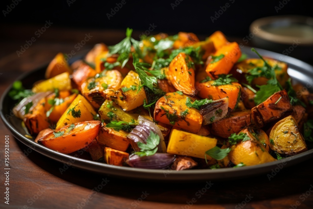 A plate of roasted root vegetables with fresh herbs A plate of roasted root vegetables with fresh herbs