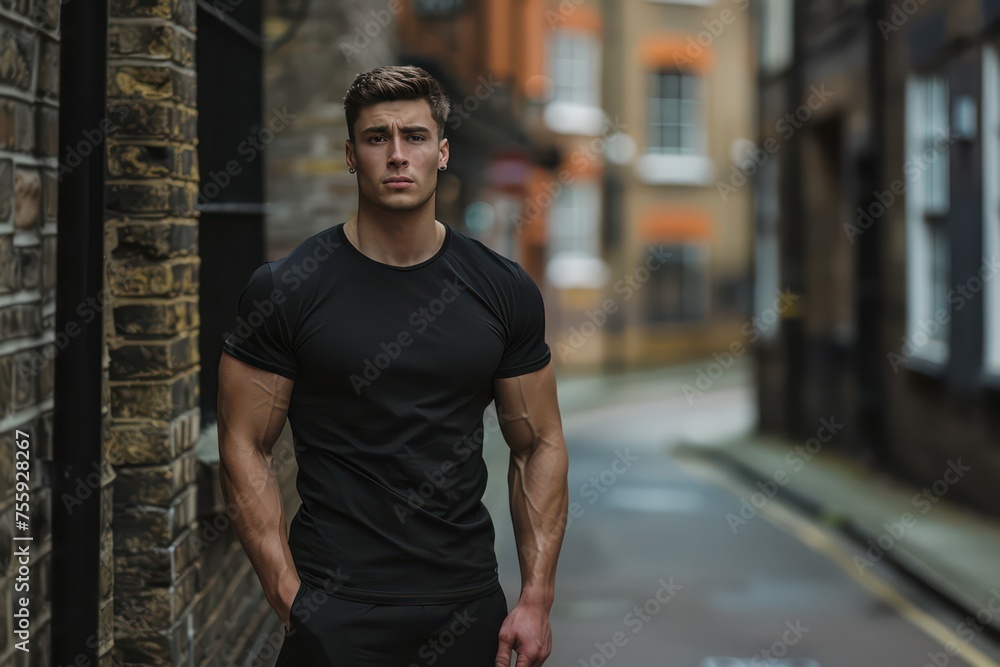 professional male fitness model in black tshirt standing on the street professional male fitness model in black tshirt standing on the street