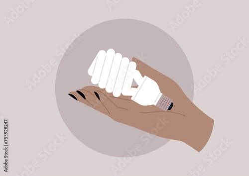 Embracing Sustainable Light, A Hand Cradling an Eco-Friendly Bulb, A gentle hold on the future of lighting, symbolizing care for the environment