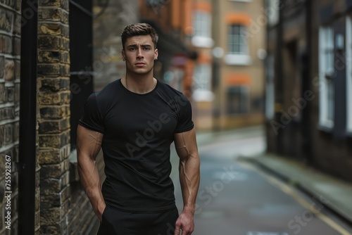 professional male fitness model in black tshirt standing on the street