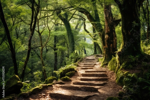 A scenic view of a lush forest path  beckoning hikers and wanderlust enthusiasts