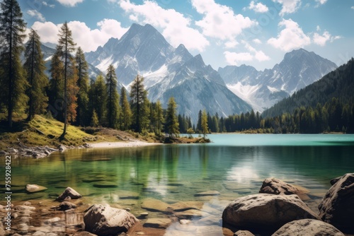 A serene lake surrounded by towering mountains