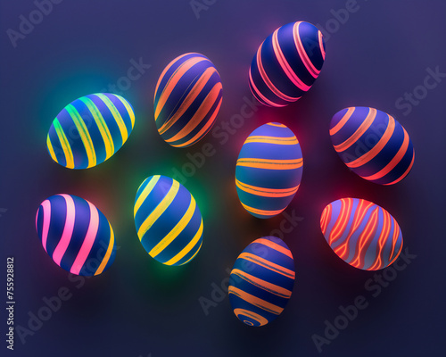 Vividly glowing neon Easter eggs adorned with stripes, floating against a deep purple gradient background
