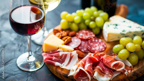Two glasses of wine with cheese and cold cuts. photo