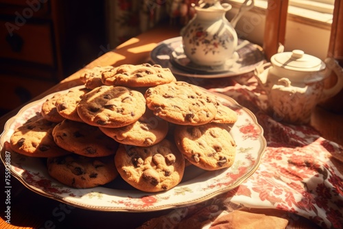 A table with a plate of freshly baked cookies