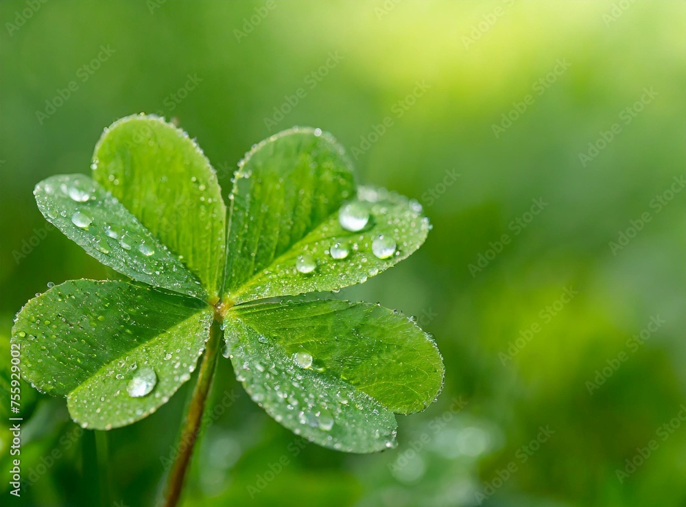 Four leaf clover with dewdrops on its leaves. Green blurred background Four leaf clover with dewdrops on its leaves. Green blurred background