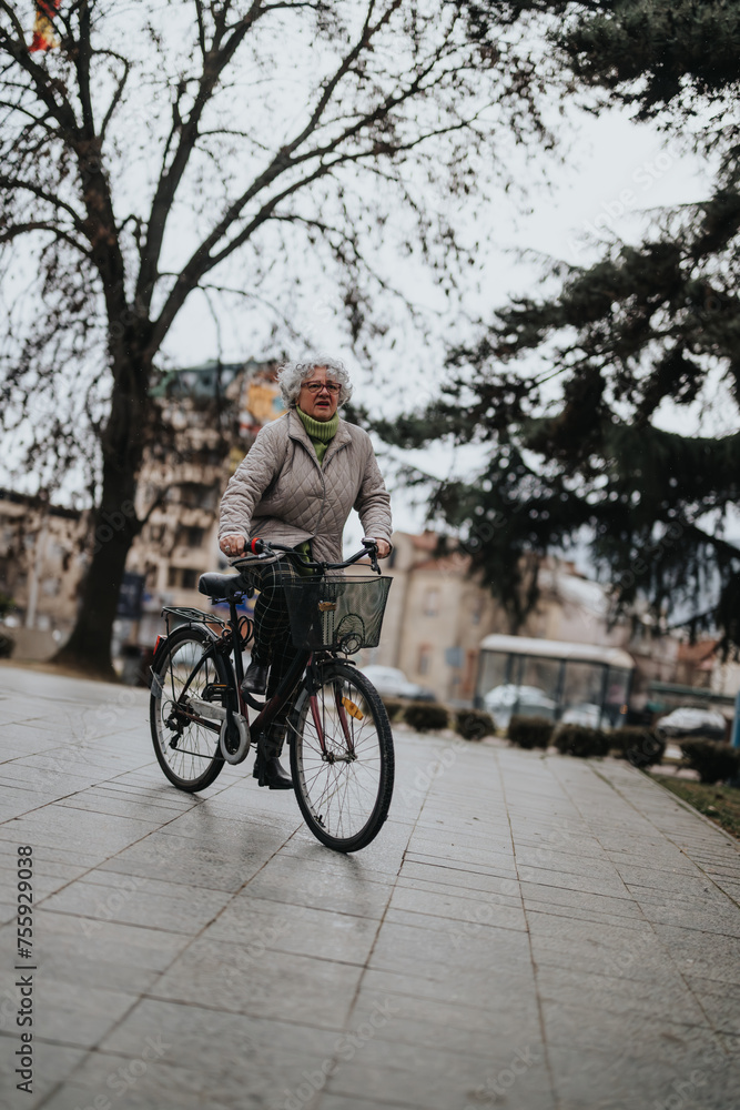 An elderly person enjoys biking on a paved path in a city park during autumn, showcasing an active lifestyle.