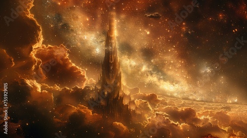 A grand tower stands tall amidst swirling clouds and twinkling stars.
