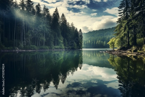 A tranquil reflection of a forest mirrored in the glassy waters of a lake
