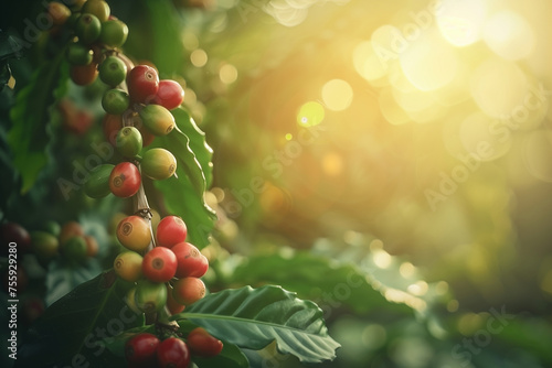 Coffee tree with ripe and unripe berries on farm