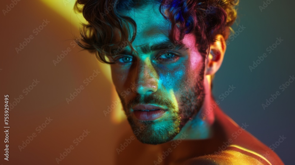 Portrait of a young man model in neon colors. A highlight of color on the face. Chromatic aberration in fashion editorial.
