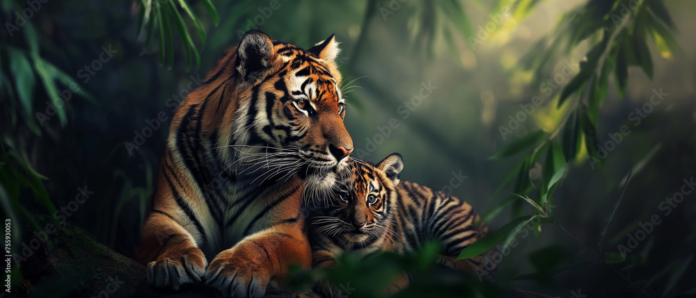 Tigre e seu filhote na natureza - obrazy, fototapety, plakaty 