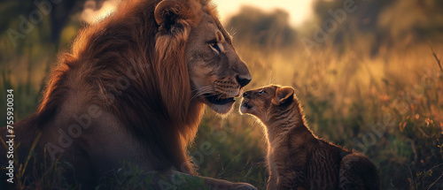 Leão e seu filhote na natureza photo