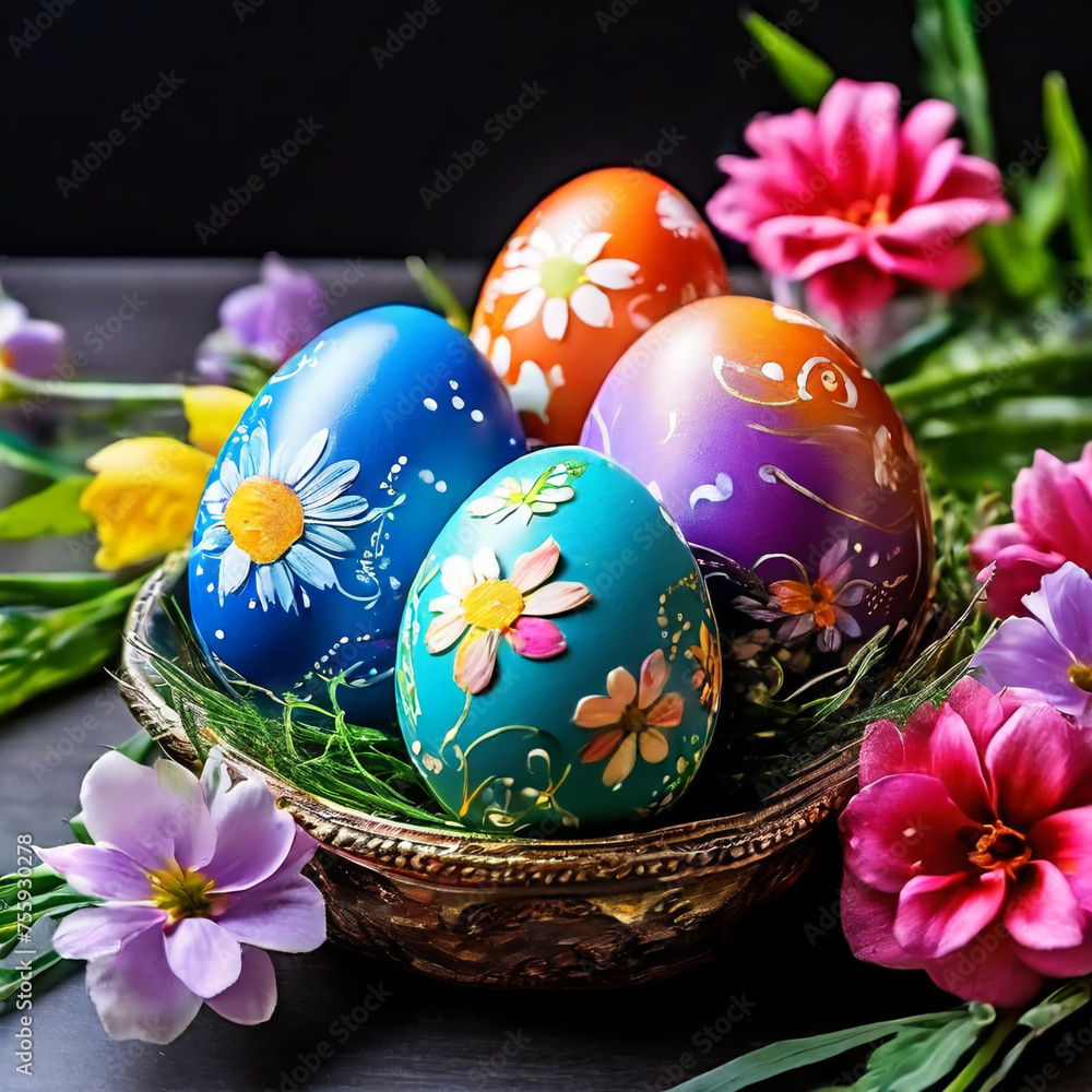 Fototapeta premium multicolored bright eggs made for Easter on the background of flowers