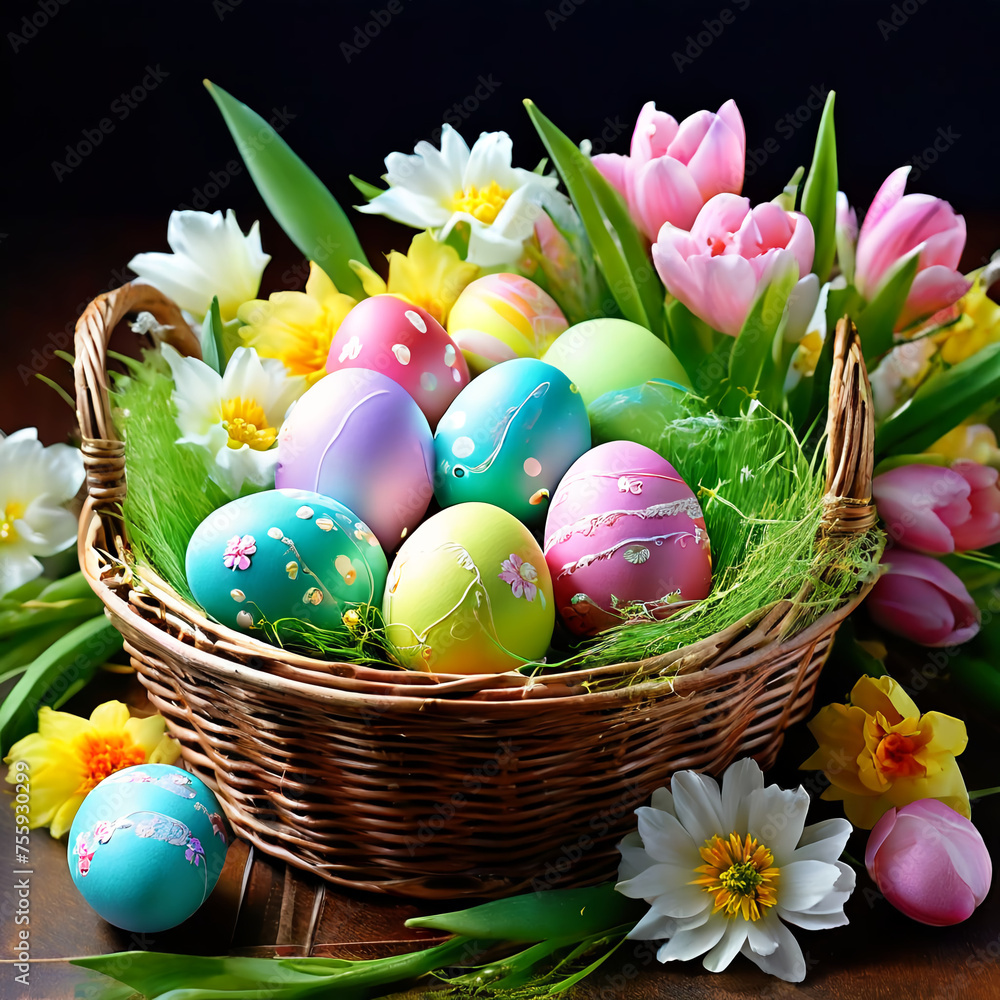 bright eggs in the basket for Easter with flowers