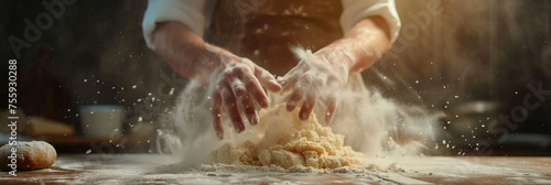 Hands kneading dough on a floured wood surface, flour dust in motion, baking process, fresh ingredients visible, culinary art, home cooking, chef in apron, pastry preparation, kitchen table. Banner.
