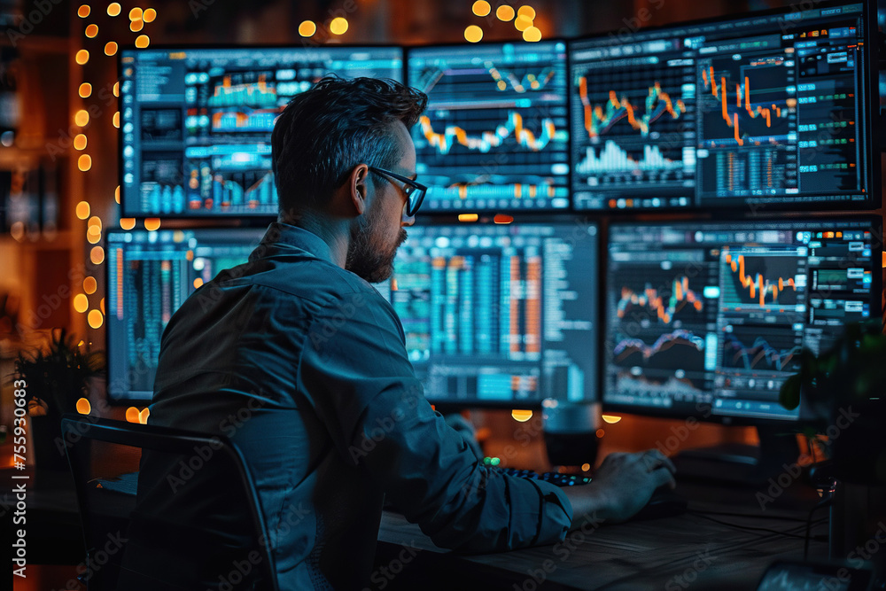 Businessman analyzing stock market data on multiple computer screens in a dark office Businessman analyzing stock market data on multiple computer screens in a dark office