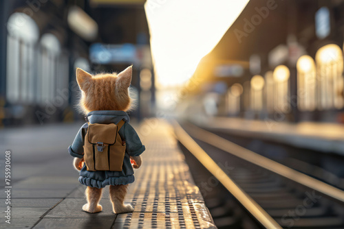 Backpack-Clad Cat Awaiting Train's Arrival in Serene Sunset Station
