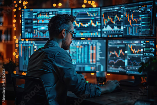 Businessman analyzing stock market data on multiple computer screens in a dark office