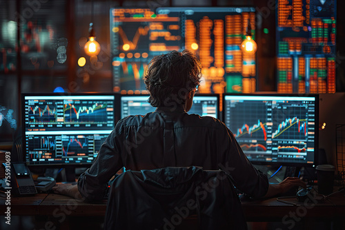 Businessman analyzing stock market data on multiple computer screens in a dark office