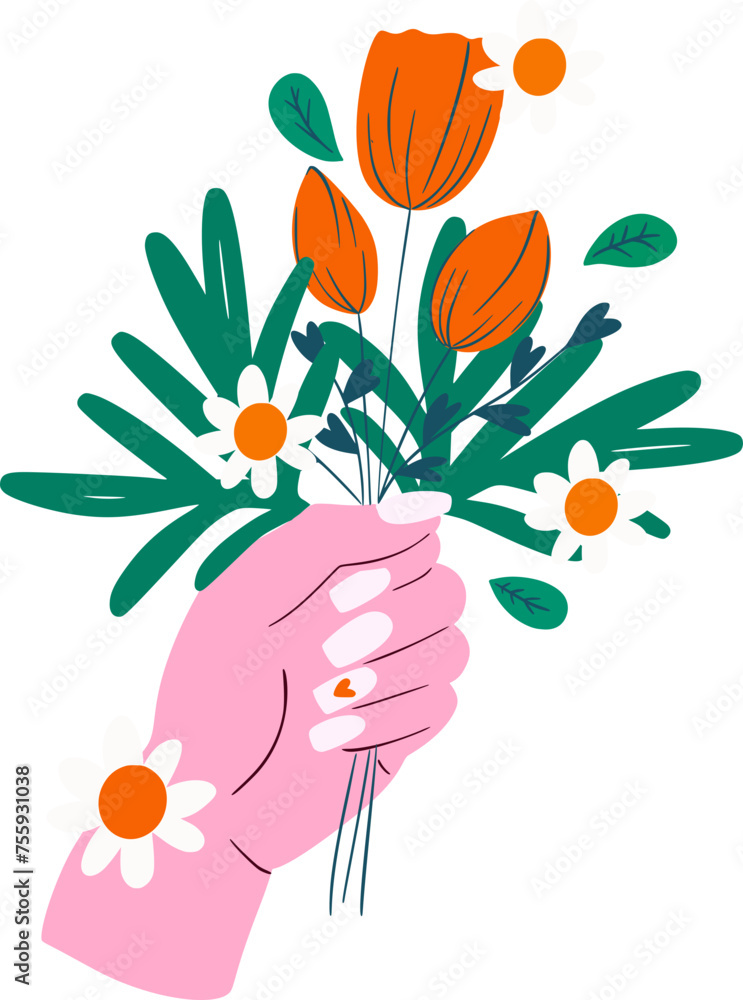 Hand with Flower, Hand holding flower bouquet. Arm with blooming spring summer flowers