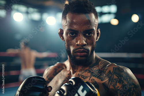 Tattooed African American mixed martial artist with gloves standing in a ring, focused before a fight, opponent in background, intense sports competition, athletics competition event.