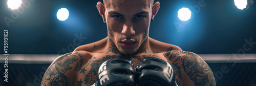 Tattooed Latin mixed martial artist with gloves standing in a ring, focused before a fight, intense sports competition, athletics competition event.