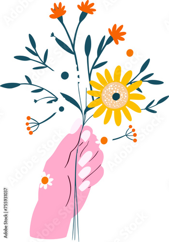 Hand with Flower  Hand holding flower bouquet. Arm with blooming spring summer flowers