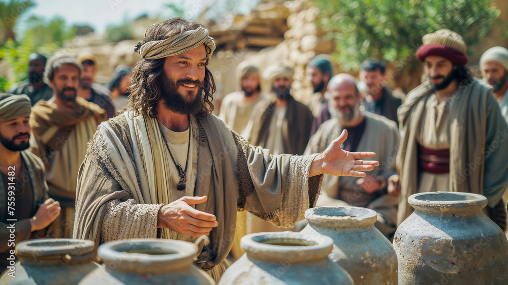 Jesus performing his first miracle at the wedding in Cana, turning water into wine, a renowned biblical event. Jesus performing his first miracle at the wedding in Cana, turning water into wine, a renowned biblical event.