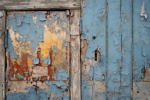 A close-up of a weathered wooden door with peeling paint © KerXing